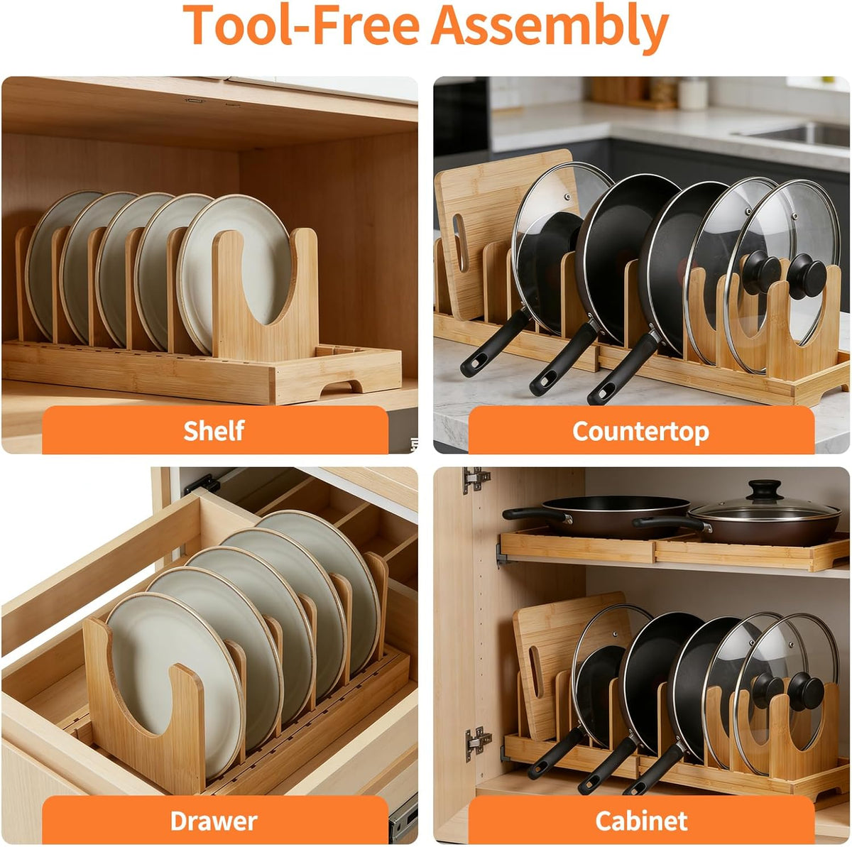Bamboo Pots and Pans Organizer under Cabinet | Expandable Pot lid Holder Rack and cutting board organizer | Adjustable Bakeware Cookie Sheet Tray for Kitchen Storage