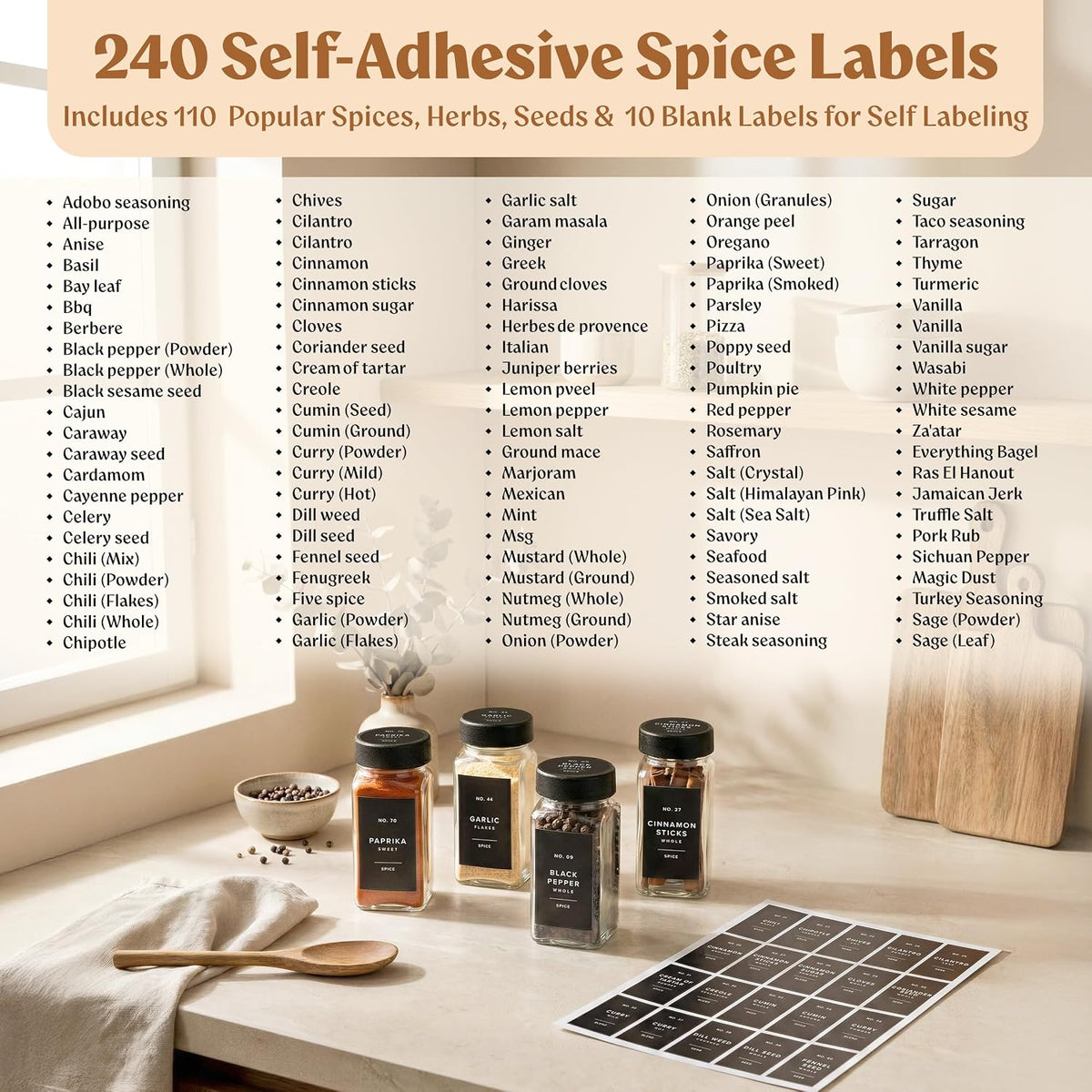 Square Glass Spice Jars (24 x 4oz) with Black Lids + Magnetic Spice Rack for Refrigerator (Fits 12 Jars) + Bonus Slim Auxiliary Rack, 240 Labels, Shaker Inserts, Funnel