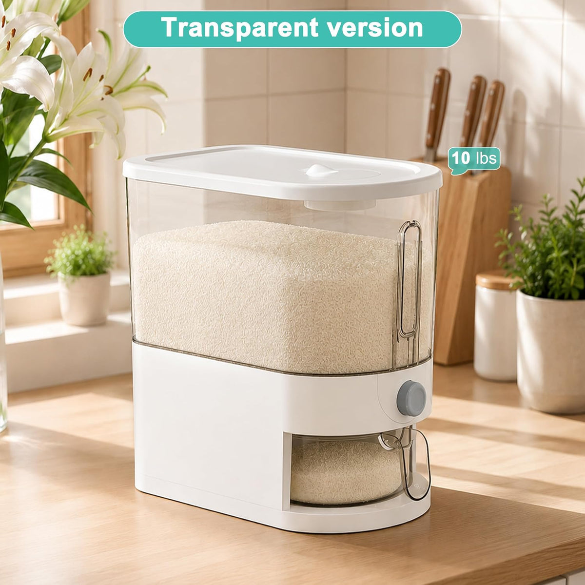 10LBS Rice Dispenser,Transparent Rice Container Storage with Measuring Cup,Food Grain Dispenser for Dry Goods, Multi-Purpose Kitchen Pantry Storage Box