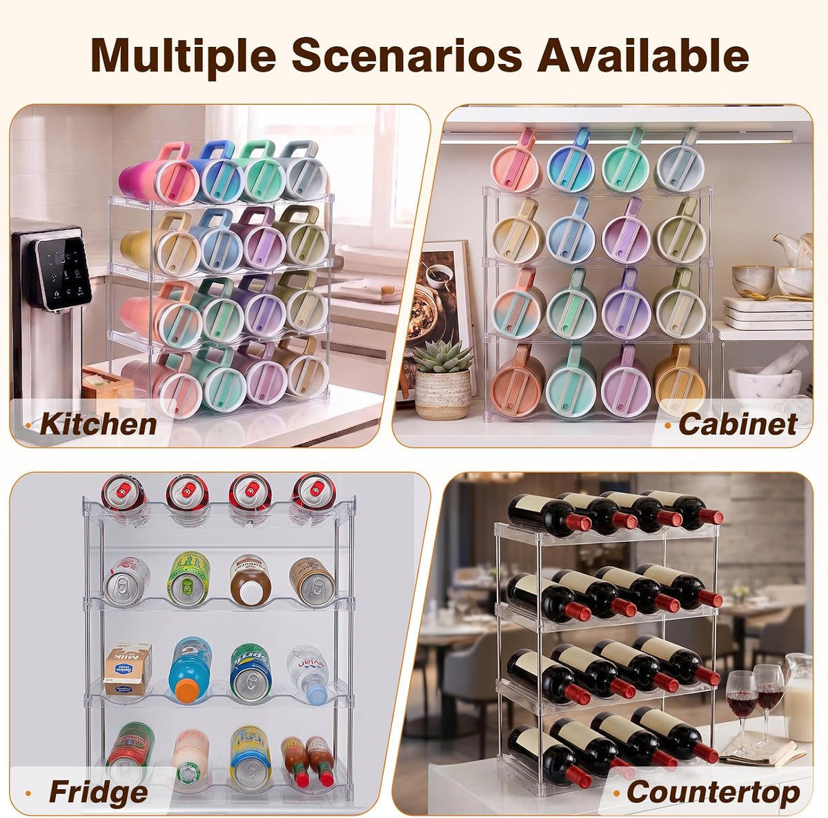 Large Compartment Water Bottle Organizer, Stackable Water Bottle Holder for Stanley 40 oz Tumbler, Clear Tumbler Organizer for Cabinet, Kitchen Pantry or Countertop