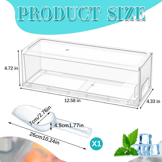 Ice Container for Freezer with Scoop, PET, Medium | Clear Ice Storage Bin with Lid, Pull out Freezer Bin Organizer for Refrigerator, Stackable Holder