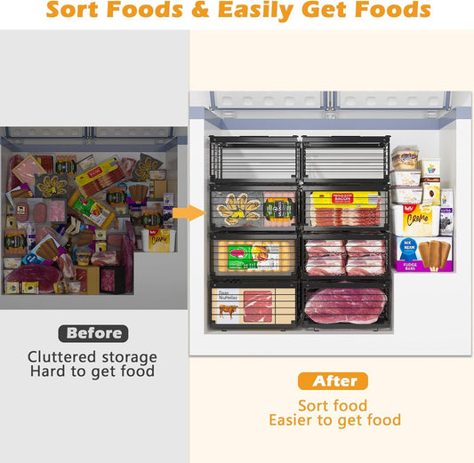 Expandable Chest Freezer Organizer, Stackable Wire Baskets | Adjustable 11-17.3 Inches, Heavy Duty 35 lbs Capacity, Foldable Handles, 360° Airflow, Fits 5-20 Cu Ft Models
