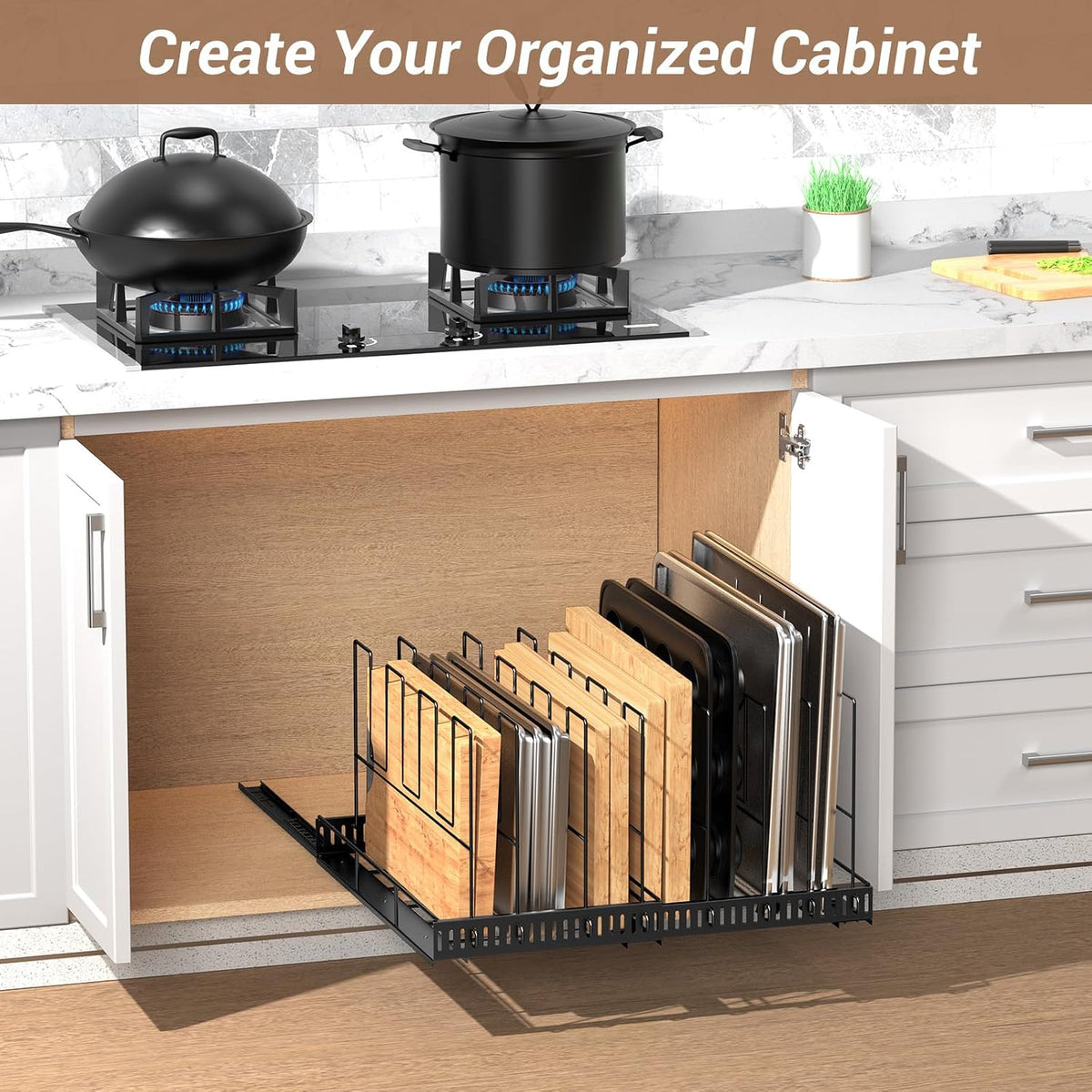 Pull Out Baking Tray and Cookie Sheet Cutting Board Organizer | 13"-22" Expandable, 21.5" Deep, 8 Adjustable Dividers, Sliding Rail Design, Sturdy Metal Structure, Adhesive/Screw Fixing