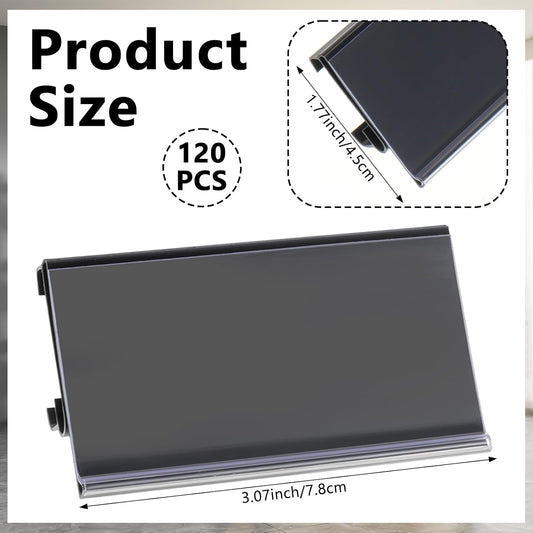 120 Pcs Wire Shelf Label Holders Compatible with Metro 1-1/4" Shelves, 3x1.25 Inch Plastic Wire Rack Label Holder, Clip-On Price Tag Shelf Clips for Retail, Storage, Pantry Organization, Black