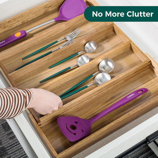 Bamboo Expandable Kitchen Drawer Organizer Silverware Utensil Tray | Cutlery Holder, Drawers Divider for Large Utensils, Flatware, Knives, Spatulas in Kitchen, Office, Adjustable 3-5 Slots