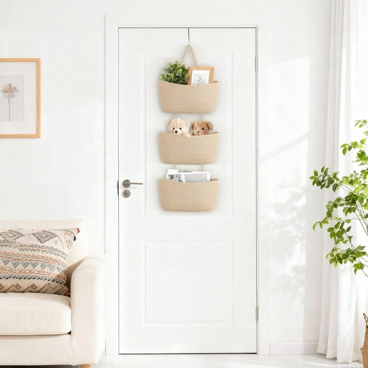 Over The Door Hanging Basket Storage 3-Tier Woven Wall Basket, Jute