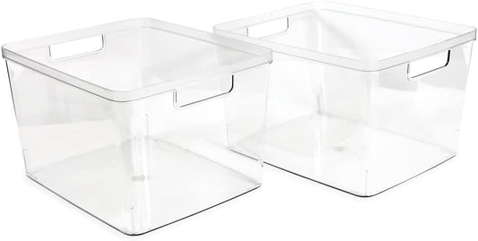 2-Pack Extra-Large Clear Storage Bins (11.5” L x 14” W x 9” H) w/Cutout Handles, Plastic Organizer for Home, for Kitchen, Fridge, Pantry, BPA Free, Food Safe (2-Pack, Extra-Large)
