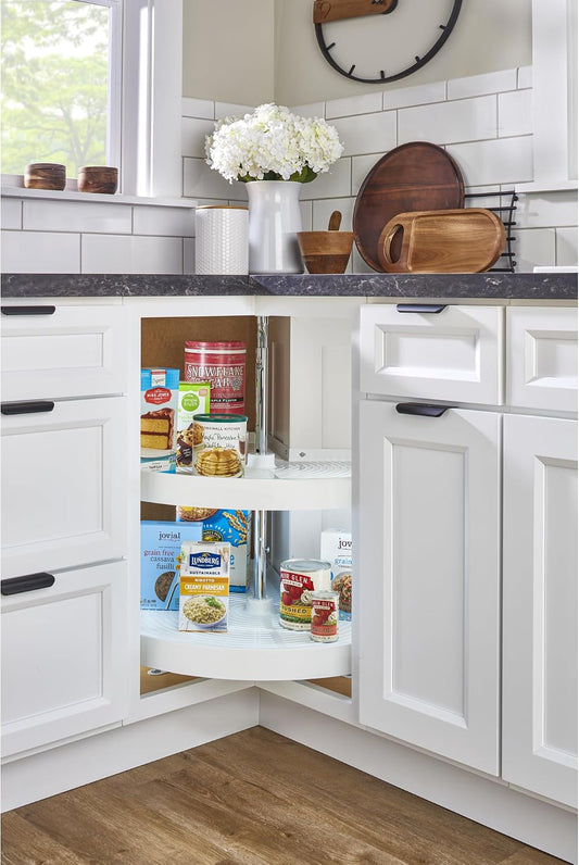 24" Pie-Cut Dual Tier Plastic Lazy Susan Organizer for Diagonal Corner Base Cabinets, Rotating Shelves for Kitchen Organization, 24" W x 14.38" D x 26" H, White, LD-2942-24-11-1