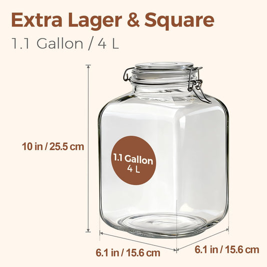 Large Square Glass Food Jars 1.1 Gallon 2 Pack for Flour Sugar Rice