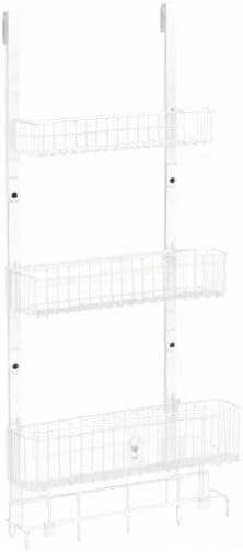 Over the Door Pantry Organizer 3 Tier Hanging Basket Back Door Storage Rack Shelf Metal Over the Door Shelves with 3 Baskets and 5 Hooks for Bathroom Kitchen Pantry Bedroom, Black