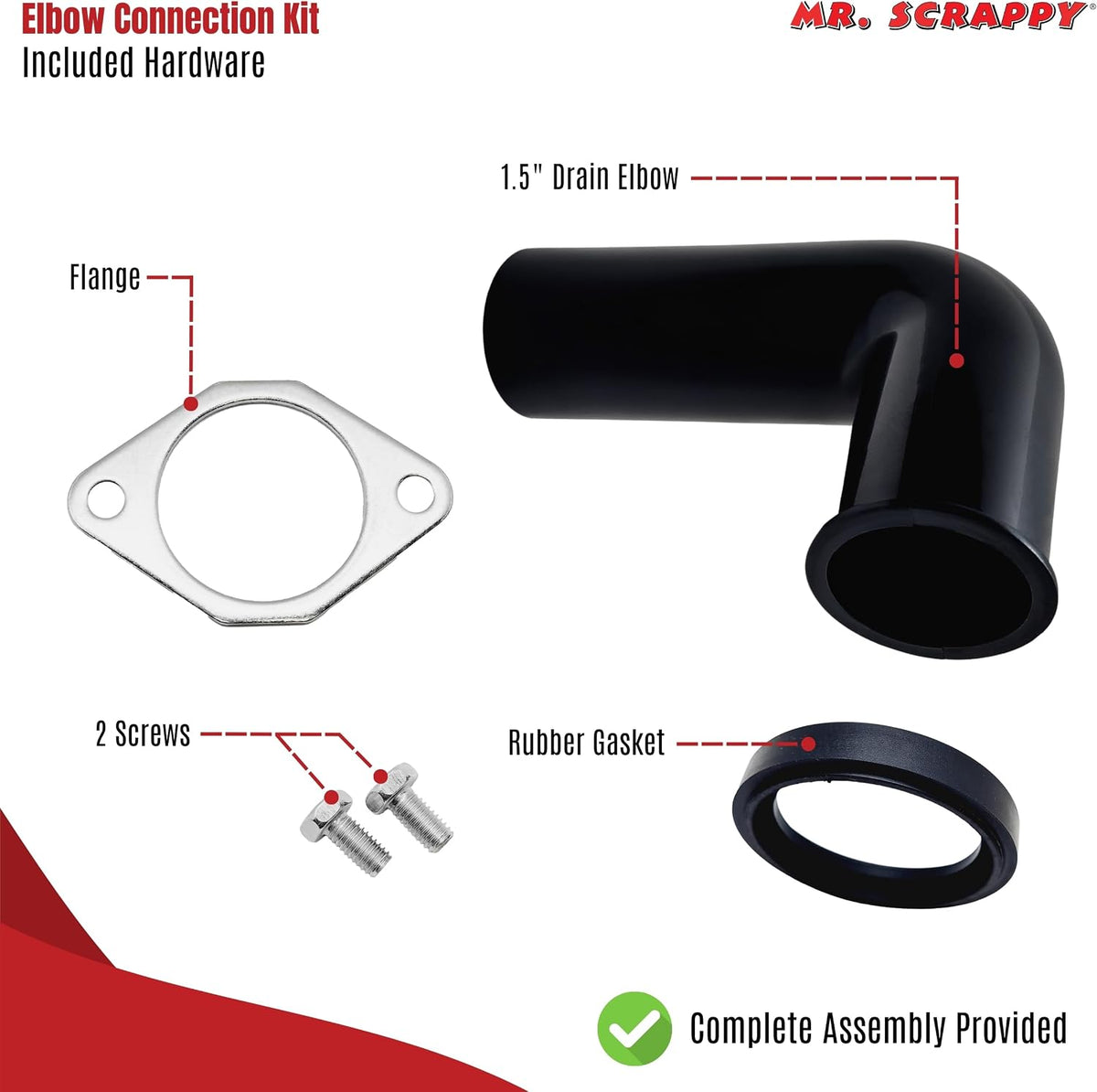 Garbage Disposal Drain Elbow Replacement Kit - Includes 1.5" Elbow, Flange, Gasket, and Two Screws