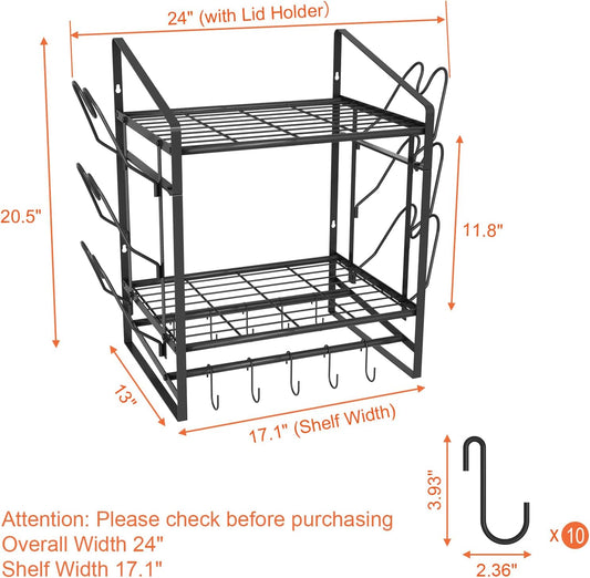 28 Inch Pot Rack Wall Mounted, 2 Tier Pots and Pans Organizer with 20 Hooks and 6 Pot Lid Holders, Heavy Duty Steel Pot and Pan Hanger for Kitchen Cookware Utensils Storage 34.7" Lx13 Wx26.4 H