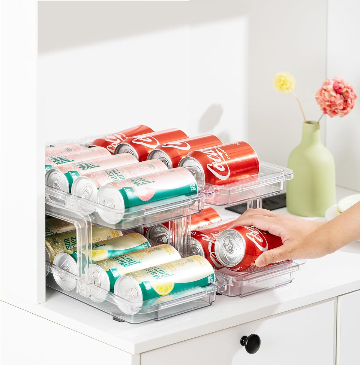 Expandable Soda Can Organizer 2 Pack, Adjustable Width Can Dispenser for Refrigerator 6.1''-9.38'' W, Drink Organizer for Fridge, Can Holder for Standard and Tall Can, Clear