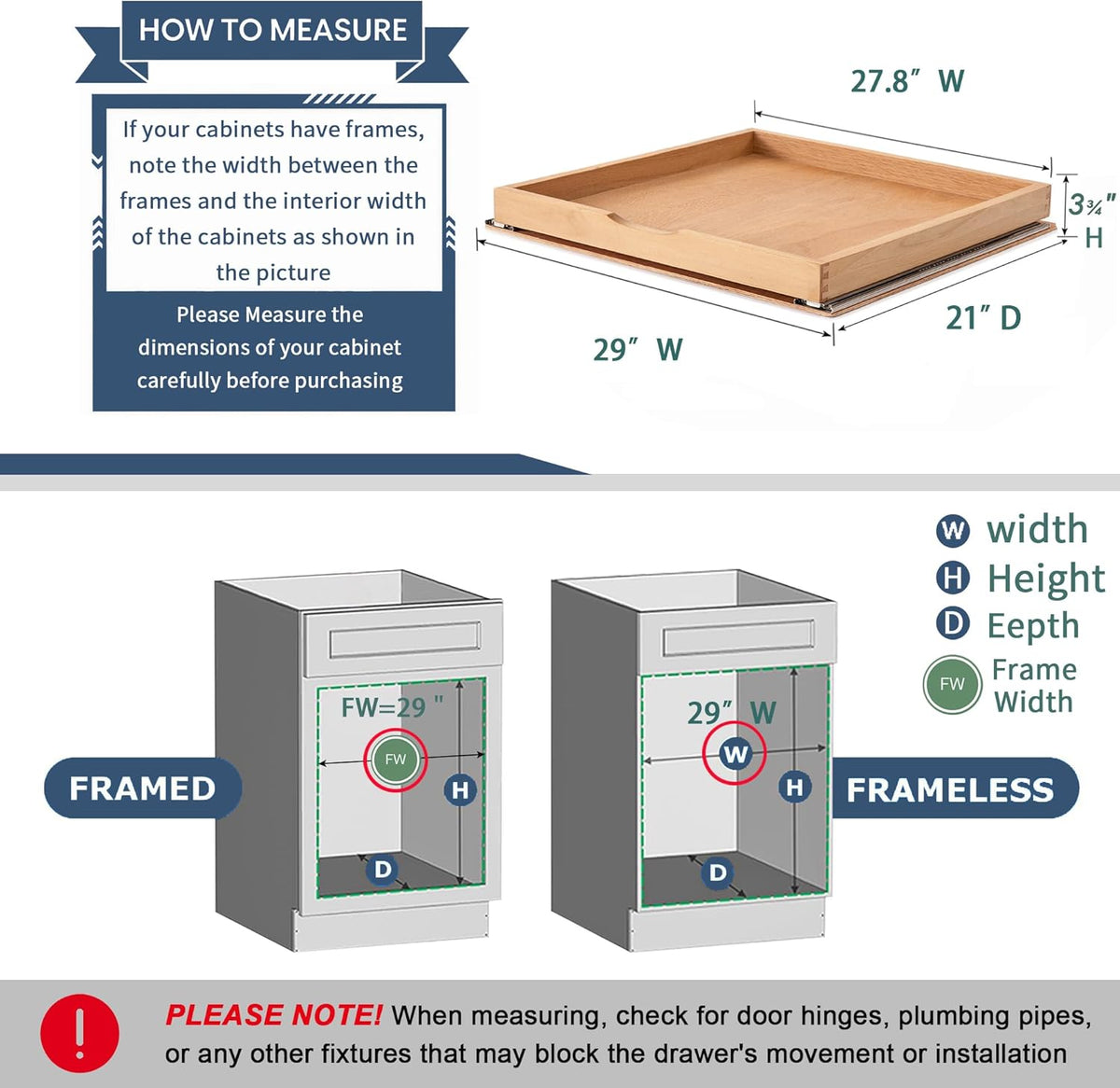 Pull Out Cabinet Drawers - 6x2 Size Options (12-23'W,18-21'D), Pre-Assembled with Soft Close Slides, Solid Beechwood, Easy Installation(21'W x 18'D)