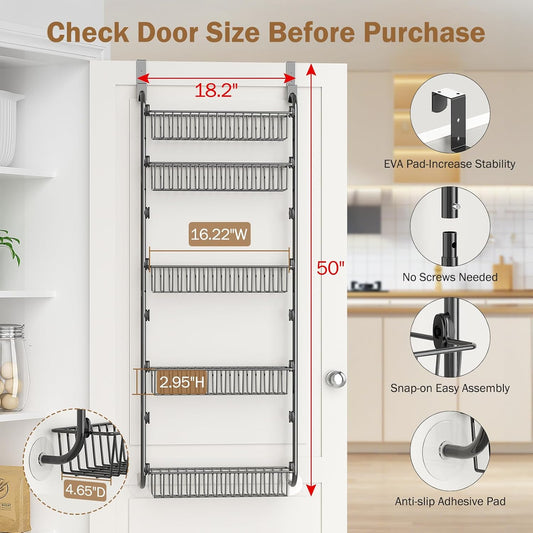 Over The Door Pantry Organizer, 5-Tier Pantry Door Organizers and Storage with Adjustable Basket, Metal Hanging Spice Rack, Seasoning Organizer, Door Organizer for Home Kitchen Bathroom, Black