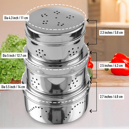 Stainless Steel Coriander Dabba with Air Ventilation, Food Storage Containers, Puri, Dhaniya, Sprout Maker, Dryfruits, Gifts for Cooks, Fridge Herb Storage for Herbs & Vegetables, Set of 3