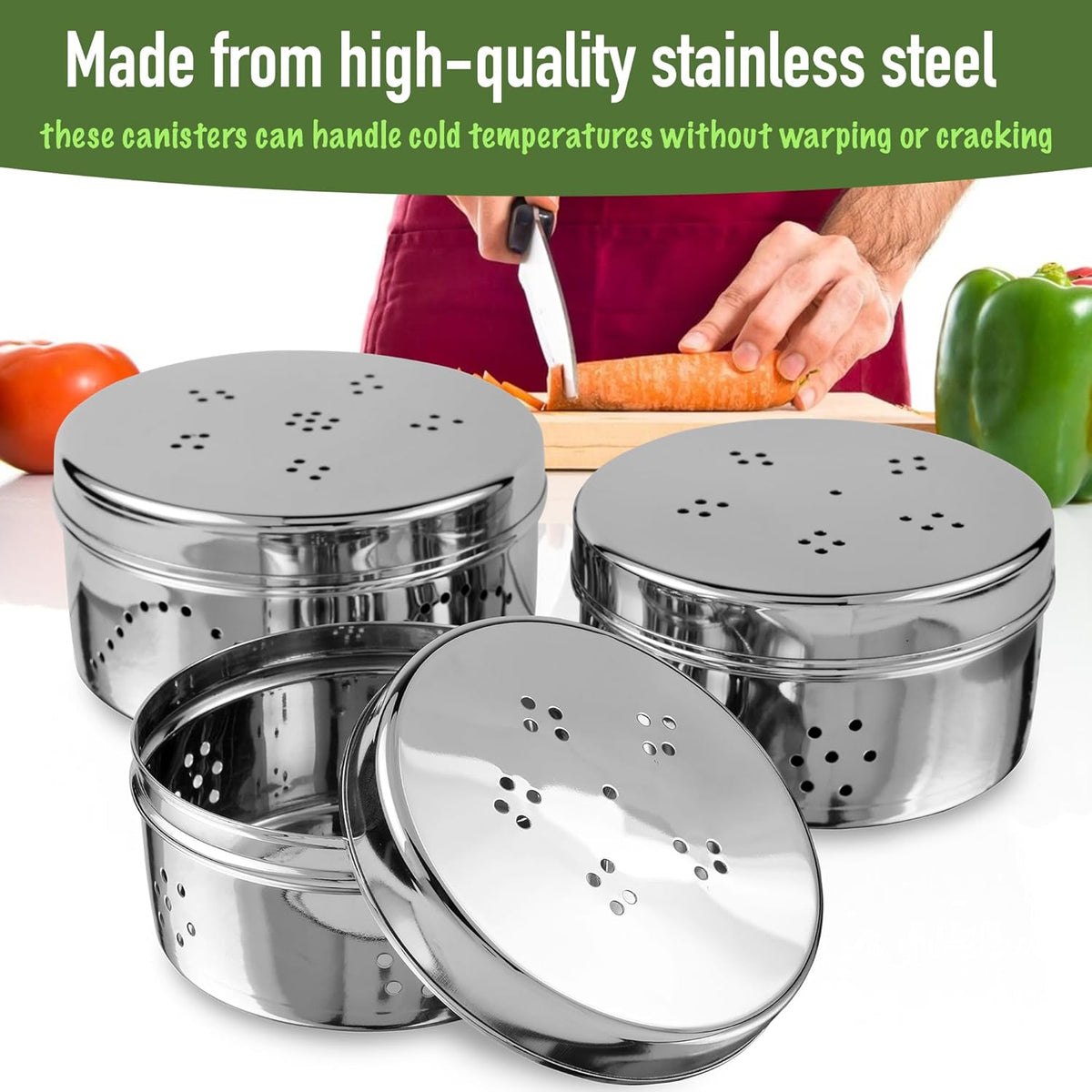 Stainless Steel Coriander Dabba with Air Ventilation, Food Storage Containers, Puri, Dhaniya, Sprout Maker, Dryfruits, Gifts for Cooks, Fridge Herb Storage for Herbs & Vegetables, Set of 3