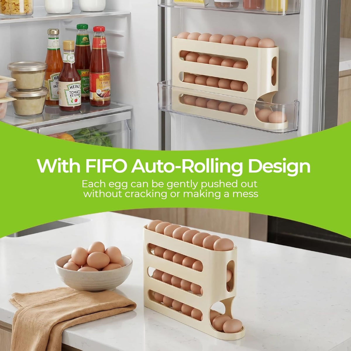 Egg Holder for Fridge, Egg container for refrigerator, Space-Saving Automatic Rolling Eggs Dispenser, 4 Tiers Fridge Egg Rack for Refrigerator Holds up to 30 pcs