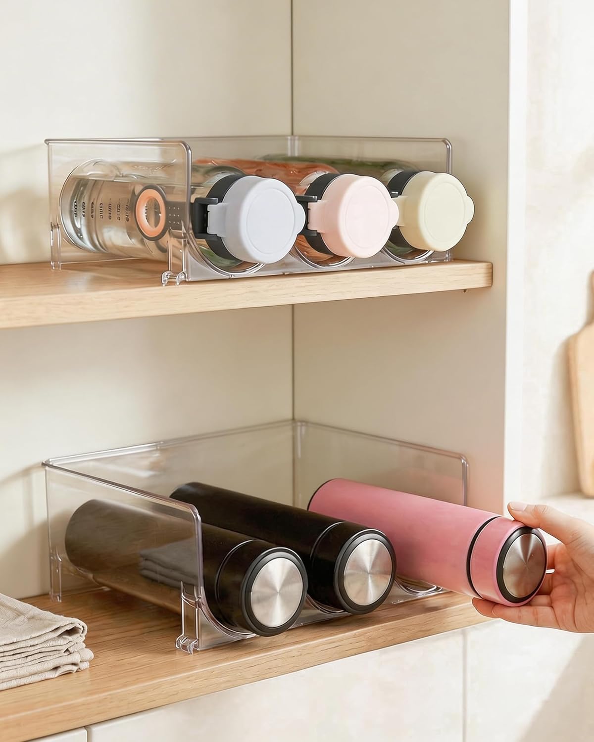2 Pack Water Bottle Organizer Holder, Stackable Storage Rack for Large Tumbler Flask for Kitchen Cabinets Countertop Holds 6 Bottles -Clear