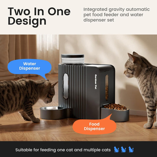 Gravity Automatic Cat Feeder, Water & Food Dispenser Set, Stainless Bowls