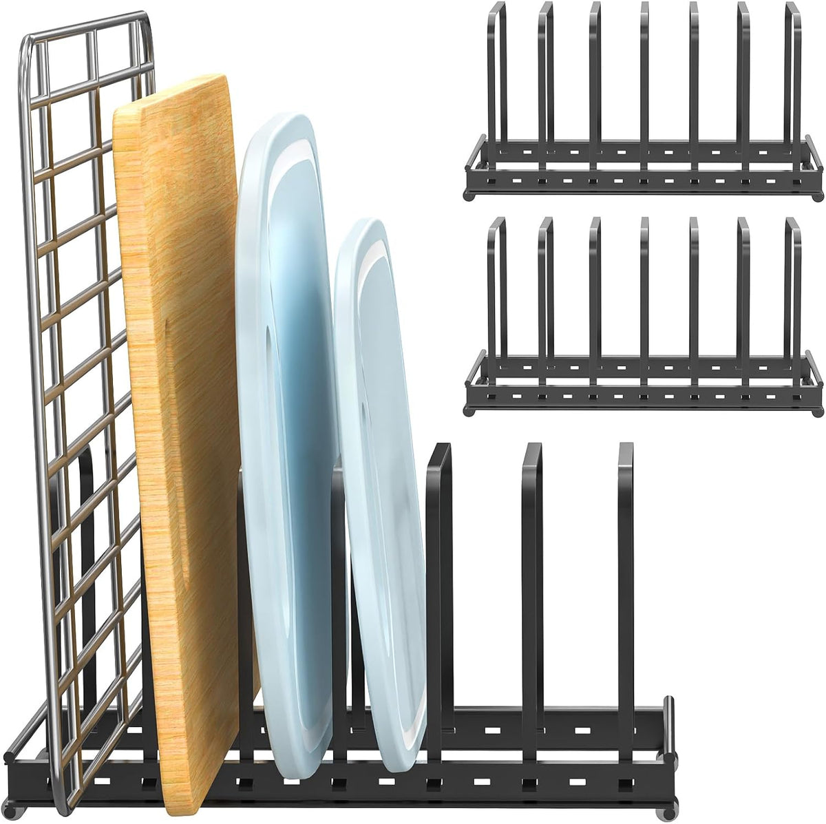 TEAMOLA Metal Cutting Board Organizer - Adjustable Bakeware Rack 2-Pack | Black Metal Kitchen Rack Organizer, Adjustable Holder Fits Pans Lids Sheets, Cabinet Counter Under Sink Caddy with 7 Slots