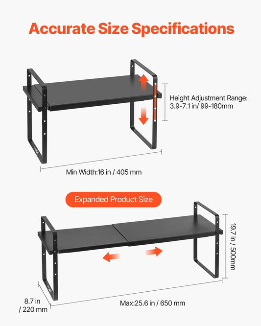 Adjustable Kitchen Cabinet Shelf Organizer, Expandable 2 Tier Cabinet Shelf, Stackable Countertop Organizers and Storage Risers, Pantry for Kitchen Bathroom Office, White