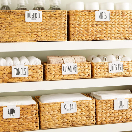 Storage Bin Label Holder Set - Easy-On Clip-On Tags for Storage Bins - 70 Preprinted Pantry Labels for Containers & Baskets - 8-Pack, 3.5" x 2.5", White