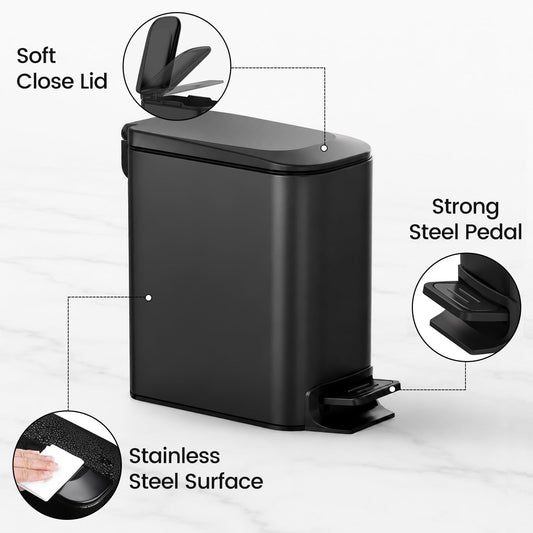 Small Bathroom Trash Can with Lid Soft Close, 1.6 Gal, Matte Black