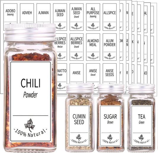 48 Glass Spice Jars with White Labels, 4oz Spice Bottles with Lids | Airtight Caps, Pour/sift Shaker Lids, 806 Labels, Chalk Marker, Funnel- Seasoning Containers for Racks, Cabinets, Drawers