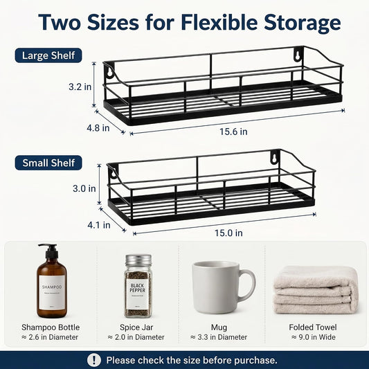 Black Floating Shelves Wall Mounted with 8 Removable S-Hooks for Mugs, Towels, Utensils, Adhesive Shower Shelf Organizer for Coffee Bar Kitchen or RV Storage and Organization, Set of 2