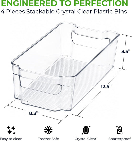 Zulay 4 Pack Clear Refrigerator Organizer Bins - XL Fridge Organizers and Storage Clear - Ideal Freezer Organizer Bins, Refrigerator Storage Containers, Kitchen Cabinets, Pantry Organization