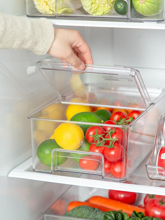 Vegetable Refrigerator Organizer Food Bins with lids Large Stackable Fridge Clear Organizers Kitchen Cabinet Organizer for Freezer, Kitchen, Countertops, Cabinets Pantry Storage Bins,set of 2