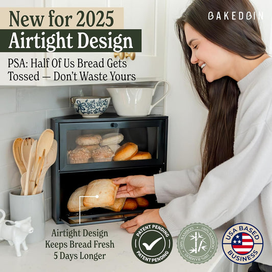 Corner Bread Box for Kitchen Countertop - New 2026 Airtight Design - Extra Large, Double Layer Black BreadBox, Vintage Storage for Homemade Bread, Under Cabinet Organizer