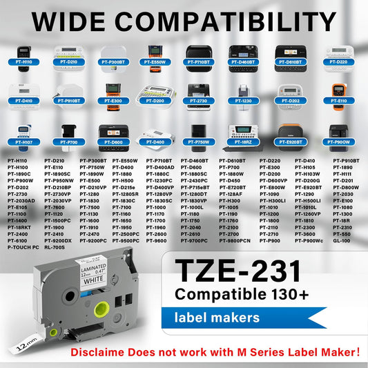 TZe-231 Label Maker Tape Refills, 6 Pack 12mm 0.47 Inch Laminated Black on White Label Tape, Replacement for PT-D210 PT-H110 PTD220 PTD400 PTD600 PT-P300BT PT-P700 PT-E550W Label Makers, 26.2 ft Each