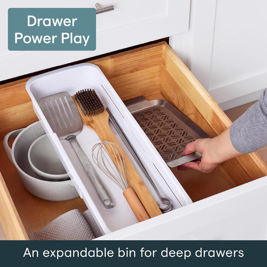 DrawerFit® Sliding Drawer Bin, Expandable and Adjustable Kitchen Storage Organizer, Speckled White