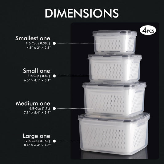 5-Pack Large Fruit Storage Container for Fridge Leak proof with Removable Colander, BPA Free Dishwasher & microwave safe Largest 4.15L