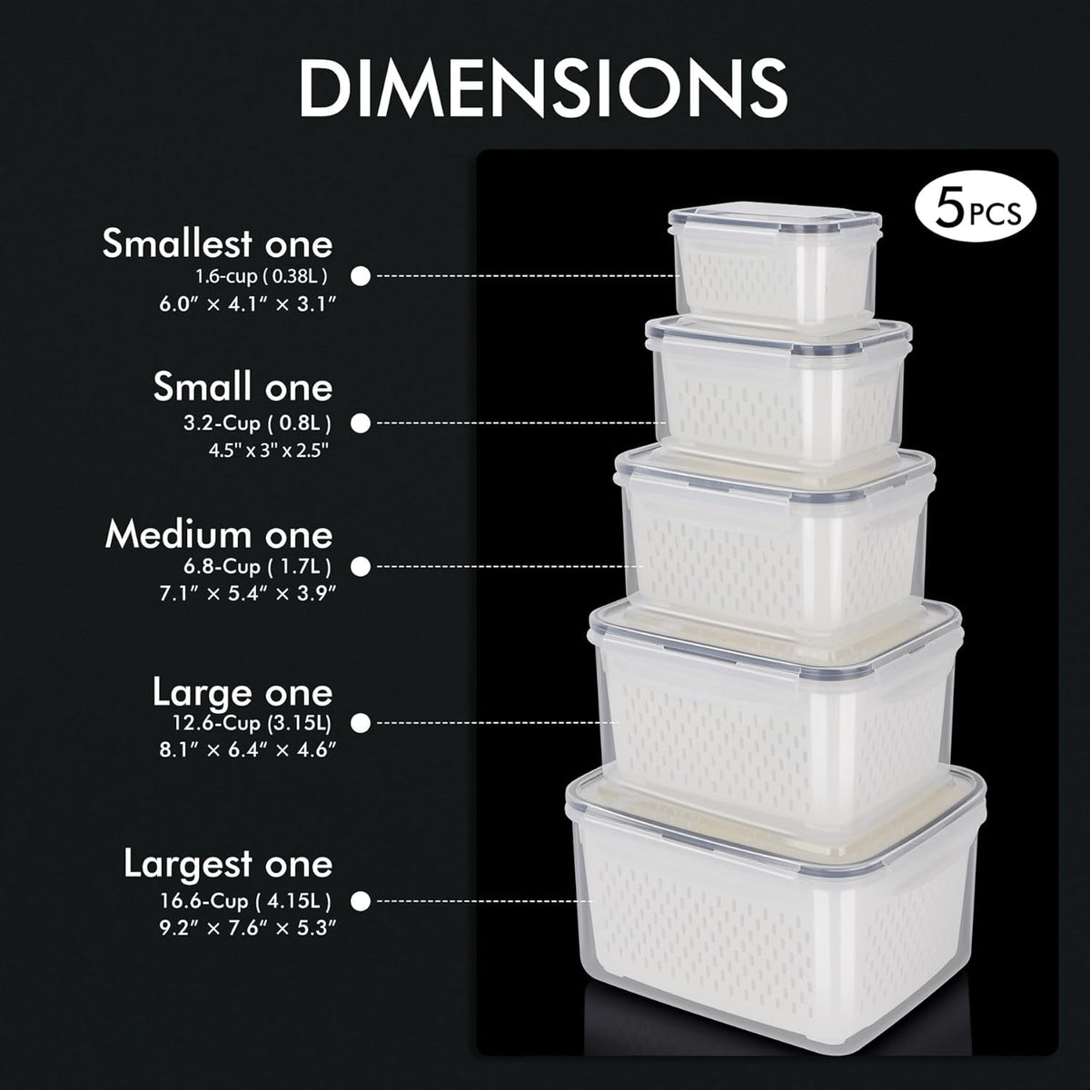 5-Pack Large Fruit Storage Container for Fridge Leak proof with Removable Colander, BPA Free Dishwasher & microwave safe Largest 4.15L