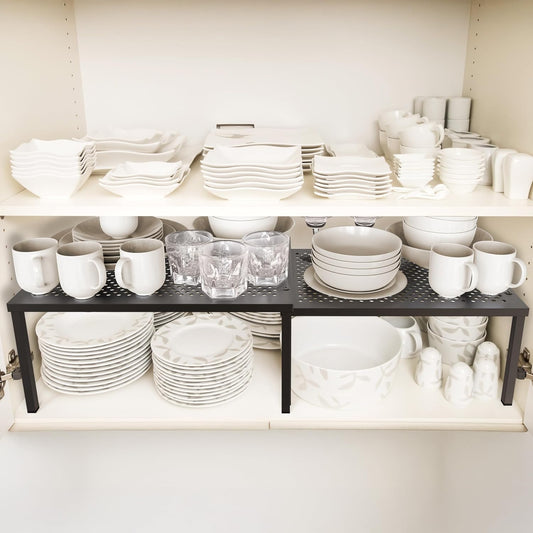 Expandable Stackable Kitchen Counter Shelf Organizer, White, Metal Top, 11.25"L x 7.9"W x 5.4"H | Expandable & Stackable 9" D x 12.75" W x 5.9" H