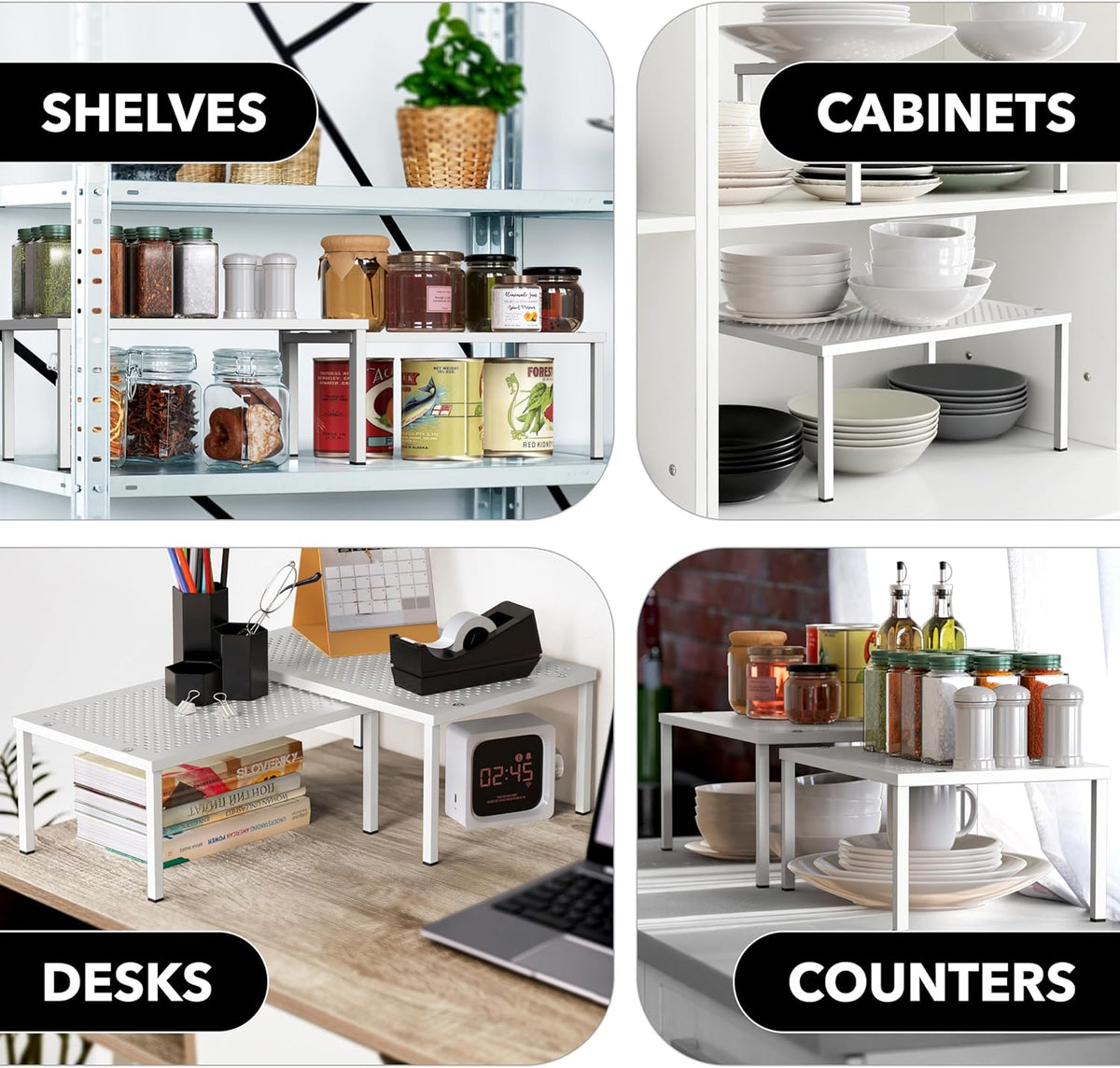 Expandable Stackable Kitchen Counter Shelf Organizer, White, Metal Top, 11.25"L x 7.9"W x 5.4"H | Expandable & Stackable 9" D x 12.75" W x 5.9" H