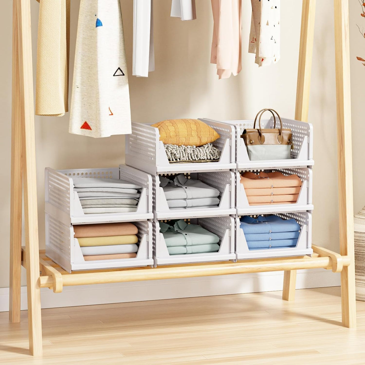 caktraie Stackable Closet Storage Basket - Stackable Storage Bins | Multifunctional & Foldable Closet Organizer Waterproof, Wardrobe Cupboard Space-Saving Storage Drawer Organizer