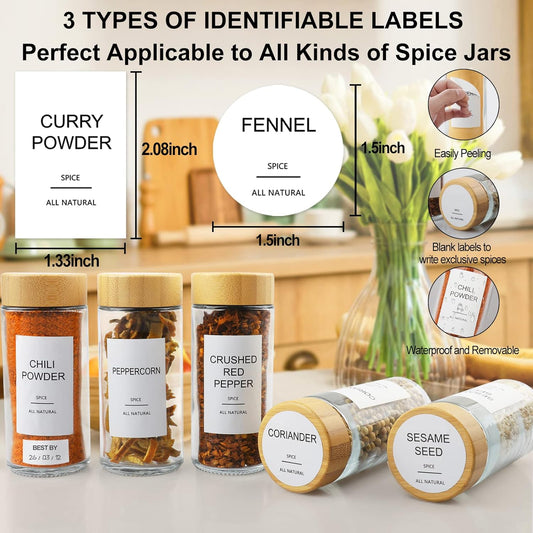 Glass Spice Jars with 398 Labels-4oz 24 Pcs,Round Seasoning Jars with Bamboo Airtight Lids,Spice Container Set -Shaker Lids, Funnel,Brush and Marker Included