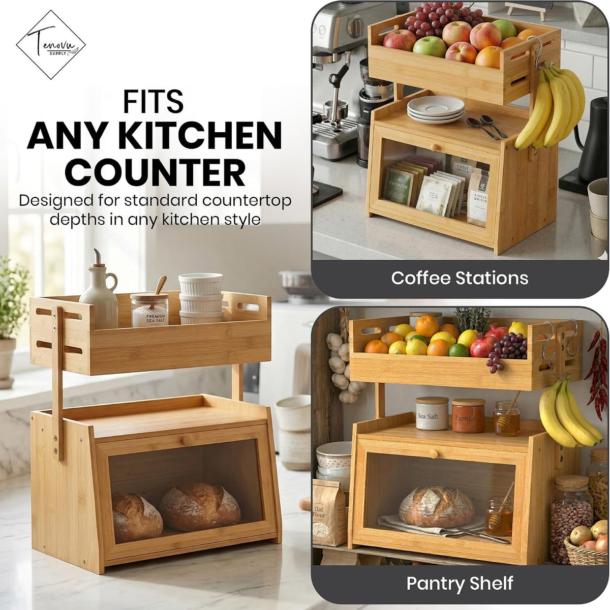 Bamboo Bread Box with Fruit Basket, 2-in-1 Kitchen Countertop Organizer