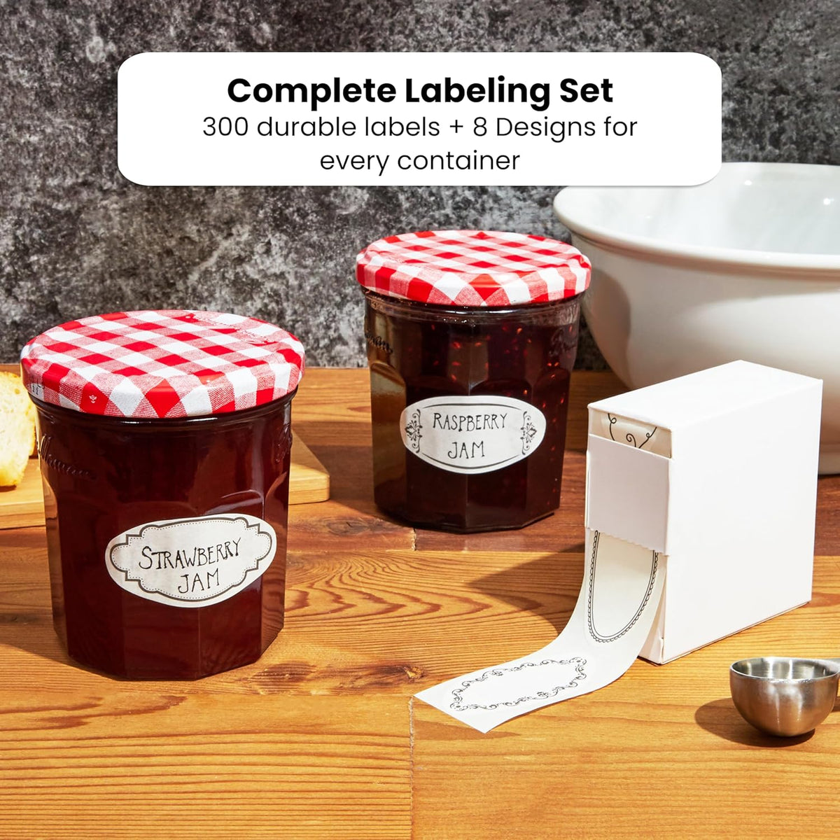 Dissolvable Food Labels - 300 Pack, White Rectangular, 1.1 x 2.25 in - Canning Jar Labels & Pantry & Freezer Container Stickers - 8 Unique Designs