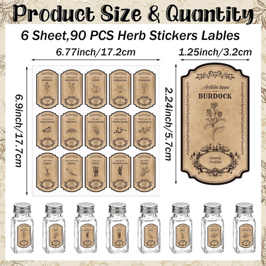Vintage Herb and Spice Labels - 90PCS Apothecary Jar Stickers | Vintage Sketch Style, Waterproof Tags, Bottle Labels with Latin Names & Meanings, Various Designs for Kitchen Pantry