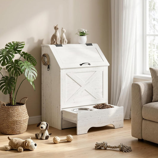 Dog Feeding Station with Sliding Drawer and 2 Hidden Bowls, Pet Feeding Station with Flip-Up Door, Dog Food Storage Cabinet with 2 Hooks for Living Room and Bedroom, Cloud White WT03PO03