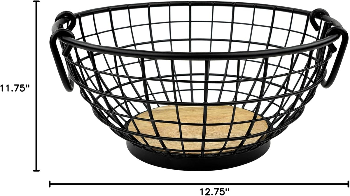 Madison Fruit Bowl and Banana Hanger Hook for Fresh Food Vegetables Bread & Snacks, Farmhouse Kitchen Countertop Wooden Base Fruit Basket Produce Saver and Banana Holder, Black