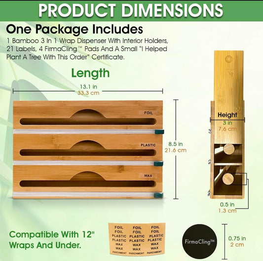 3-in-1 Bamboo Wrap Organizer with Cutters, Labels, Interior Holders, Anti-Slip Pads - Kitchen Drawer, Pantry, Storage for Plastic Wrap, Aluminum Foil, Wax Paper, Kitchen Storage, 12" Roll Holder