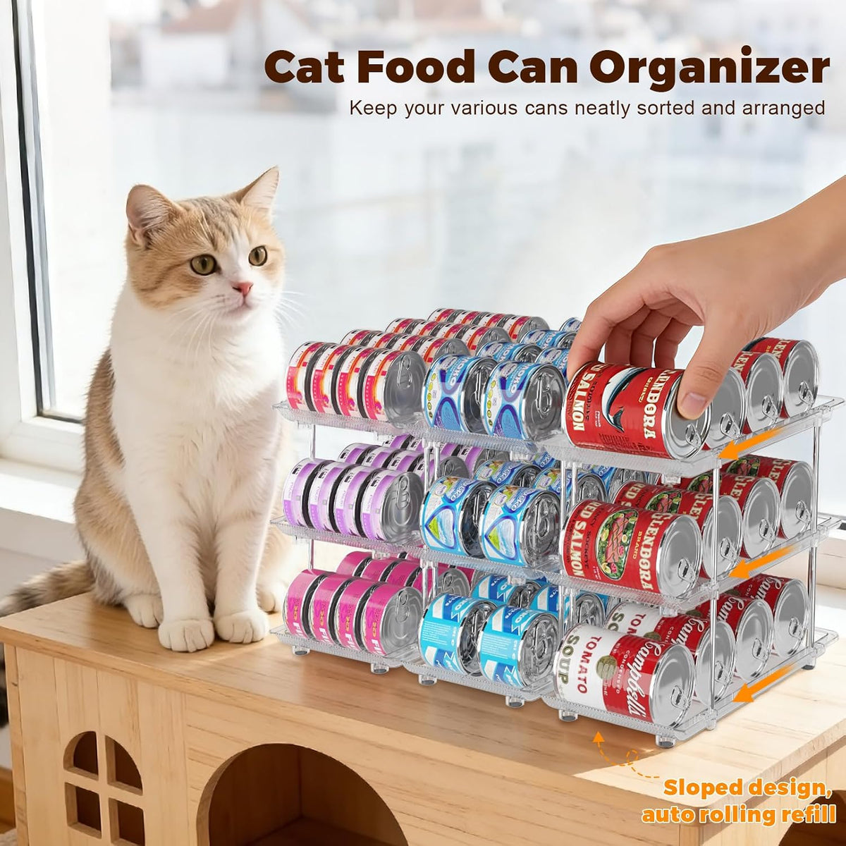 Can Organizer for Pantry, Modular 2-Tier Adjustable Canned Cat Food Organizer for Soup Cans, Dog Food Cans & Beverage Cans, Clear Can Rack for Pantry and Fridge