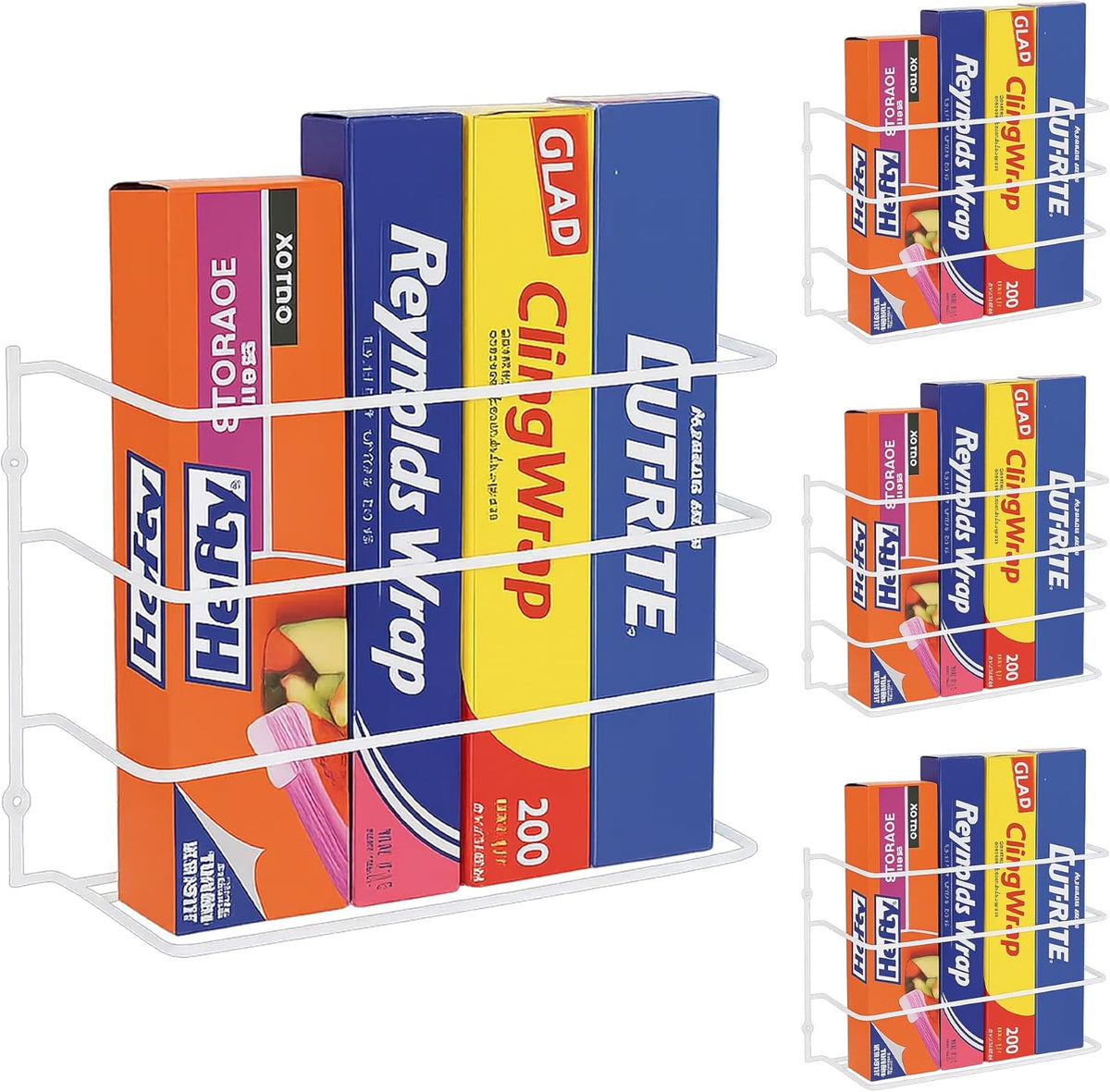 Kitchen Wrap Organizer - - Hold up to 4 Plastic, Foil, Paper, Wax - Cabinet Door, Wall Rack Basket - Sandwich, Freezer, Food Bag Storage - Laundry Supplies - Plastic Coated Metal