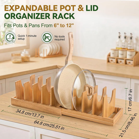 Bamboo Pots and Pans Organizer under Cabinet, Expandable Bakeware and Cutting Board Organizers, Adjustable Pot Lids Holder Rack, Sheet, Pan, Tray Organizer for Kitchen Storage Organization